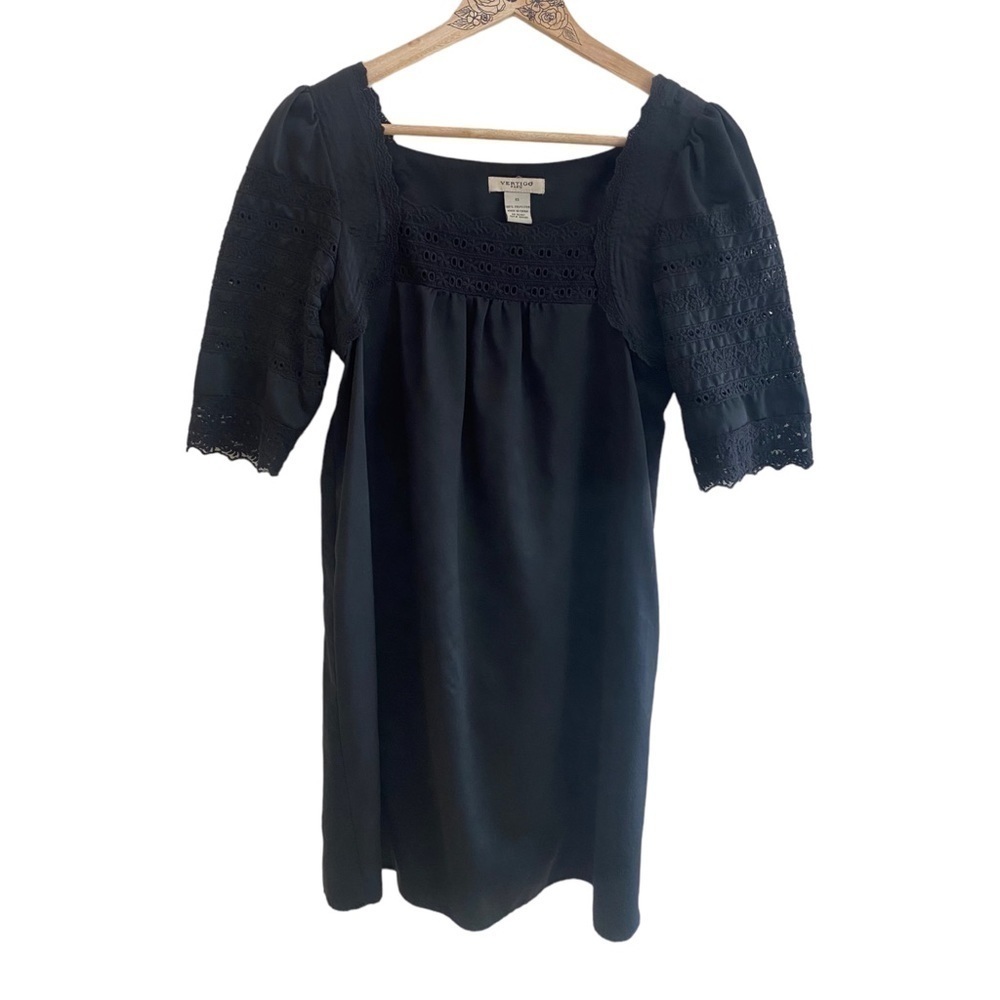 Vertigo Paris Black Square Neck Lace Trim Women XS Satin Mini Shift Puff Sleeve